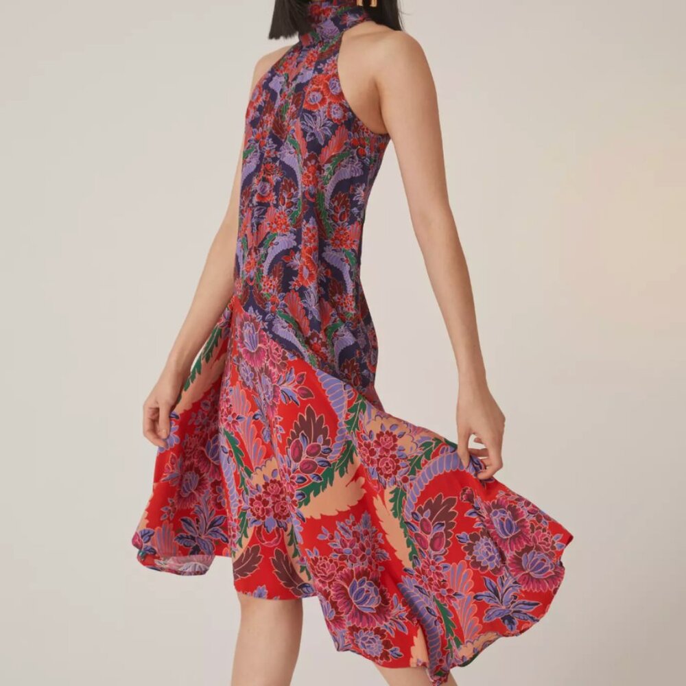 Anthropologie Red & Purple Floral Asymmetrical Dress